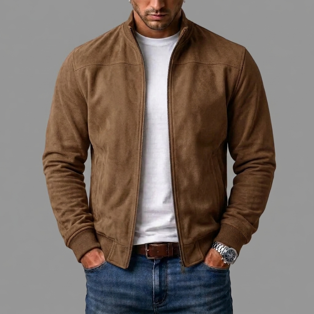Model draagt de bruine jack open over een wit T-shirt en spijkerbroek, met horloge om de pols. 4