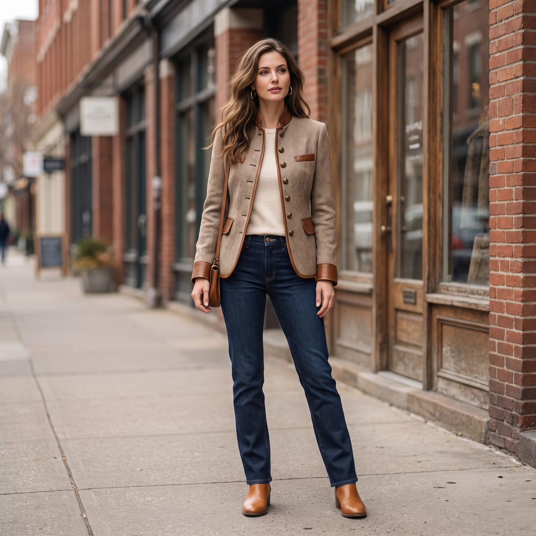 Model op straat in de jas met crèmekleurige top, donkere spijkerbroek, bruine laarsjes en een leren schoudertas. 6