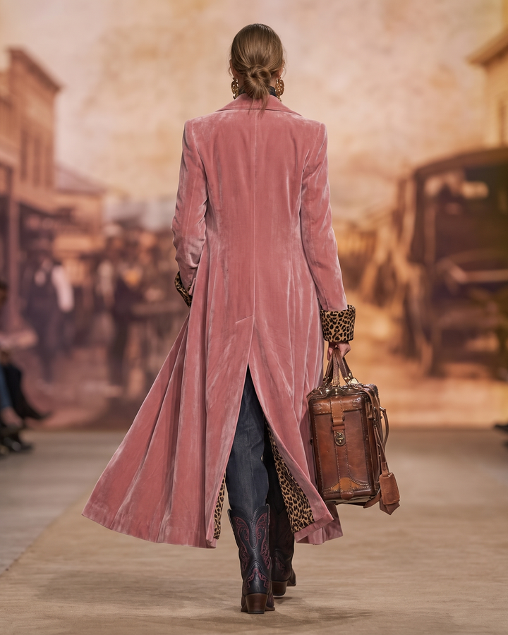 Achterkant van de roze fluwelen jas op een catwalk, met gesloten rug, split onderaan en een loshangende luipaardvoering. 4