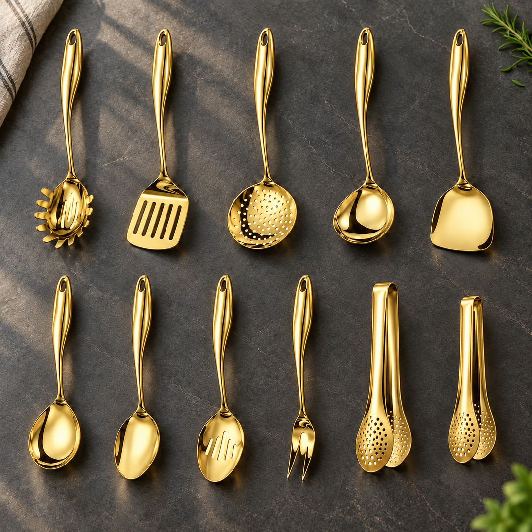 Elfdelige set in glanzend goud op een donker stenen blad, bovenaanzicht met twee tangen, vork, lepels, schuimspaan en spatels naast een theedoek. 26