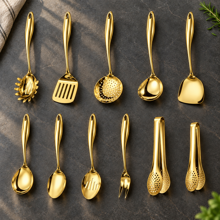 Elfdelige set in glanzend goud op een donker stenen blad, bovenaanzicht met twee tangen, vork, lepels, schuimspaan en spatels naast een theedoek. 26