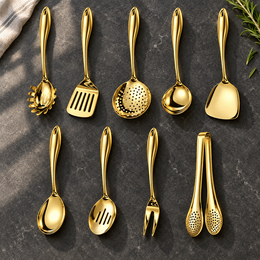Negendelige set in glanzend goud op een stenen blad: pastalepel, spatels, schuimspaan, lepels, vork en tang, met rozemarijn en theedoek. 25