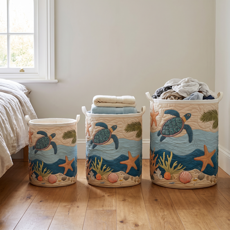 Drie manden in verschillende maten naast elkaar op een houten vloer in een slaapkamer, gevuld met handdoeken en kleding. 3