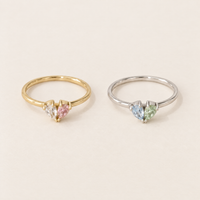 Twee ringen naast elkaar: een gouden met helder en roze stenen en een zilverkleurige met blauwe en groene stenen. 4