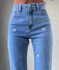 Damen Stretch-Jeans mit weitem Bein und Herzchenmuster - Amelie