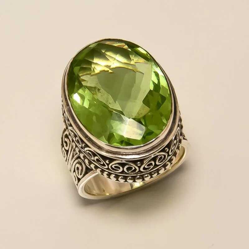 Vintage Olive Green Crystal Ring - Selma