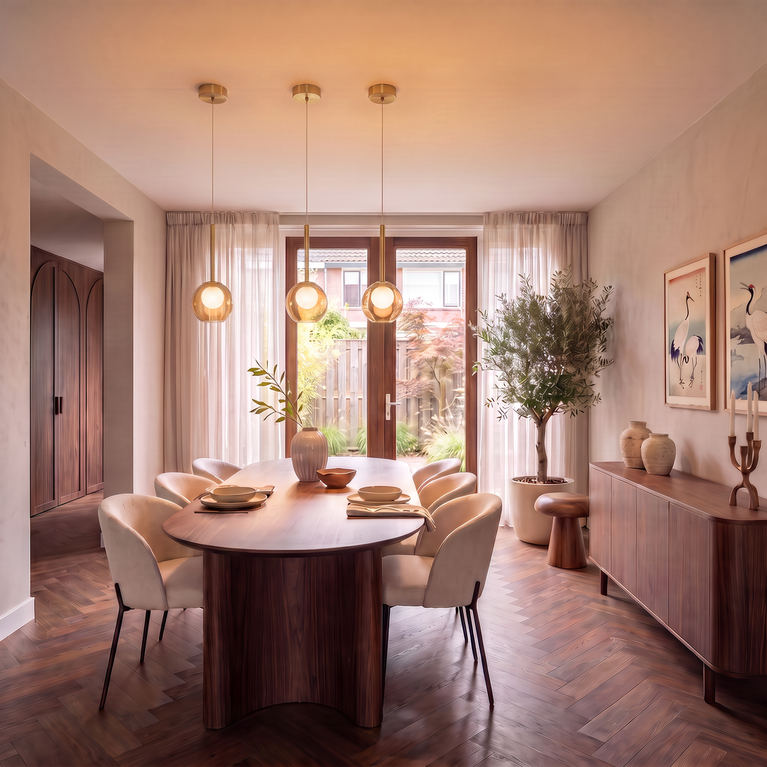 Drie ambergekleurde glazen hanglampen met gouden steel boven een houten eettafel in een warme eetkamer 4