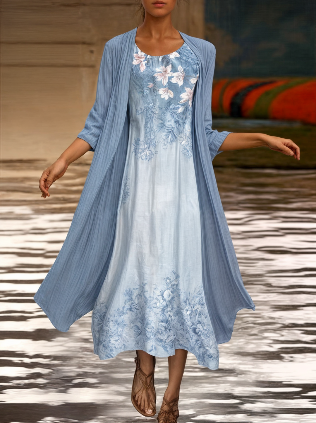 Stijlvol Gebloemd A-lijn Jurk met Vest voor Dames - Miray