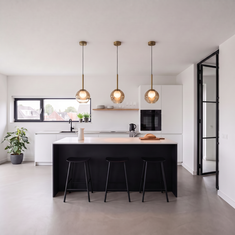 Drie ambergekleurde glazen globelampen met messingkleurige steel boven een kookeiland in een witte keuken 2