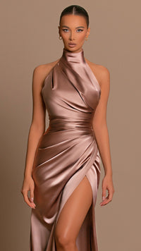 Ärmelloses Satin-Maxikleid mit Stehkragen - Celeste