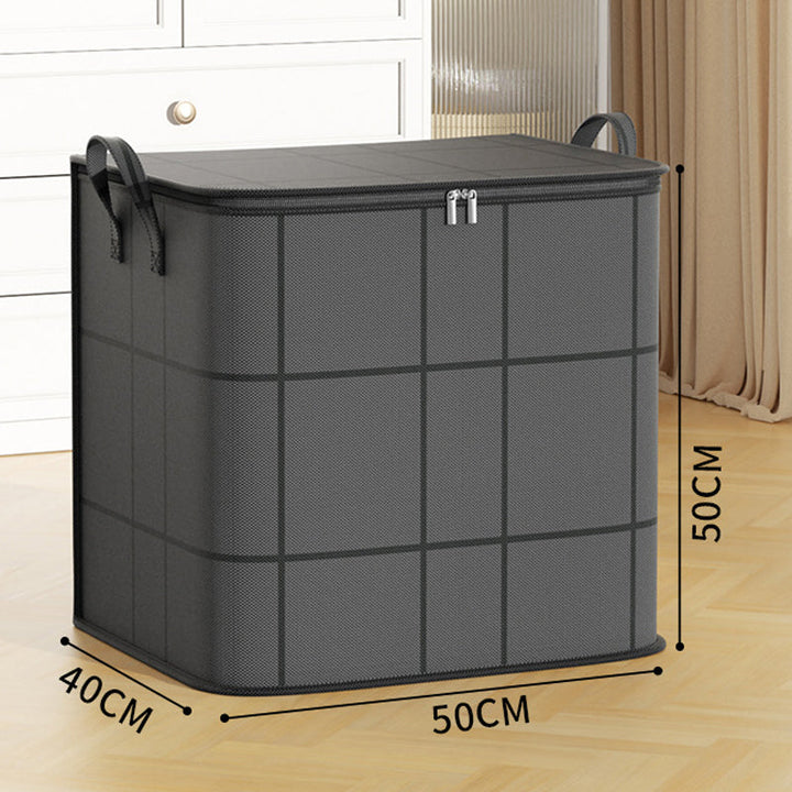 Middelgrote donkergrijze opbergtas met rits en hengsels, met afmetingen 50 bij 40 bij 50 centimeter aangegeven. 13
