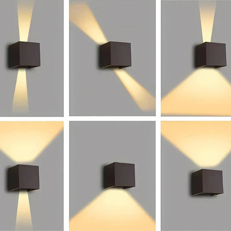 Zes opnamen van de bruinzwarte kubuslamp met verschillende instelbare lichthoeken, smal of breed, omhoog, omlaag of schuin. 14