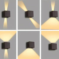 Zes opnamen van de bruinzwarte kubuslamp met verschillende instelbare lichthoeken, smal of breed, omhoog, omlaag of schuin. 14