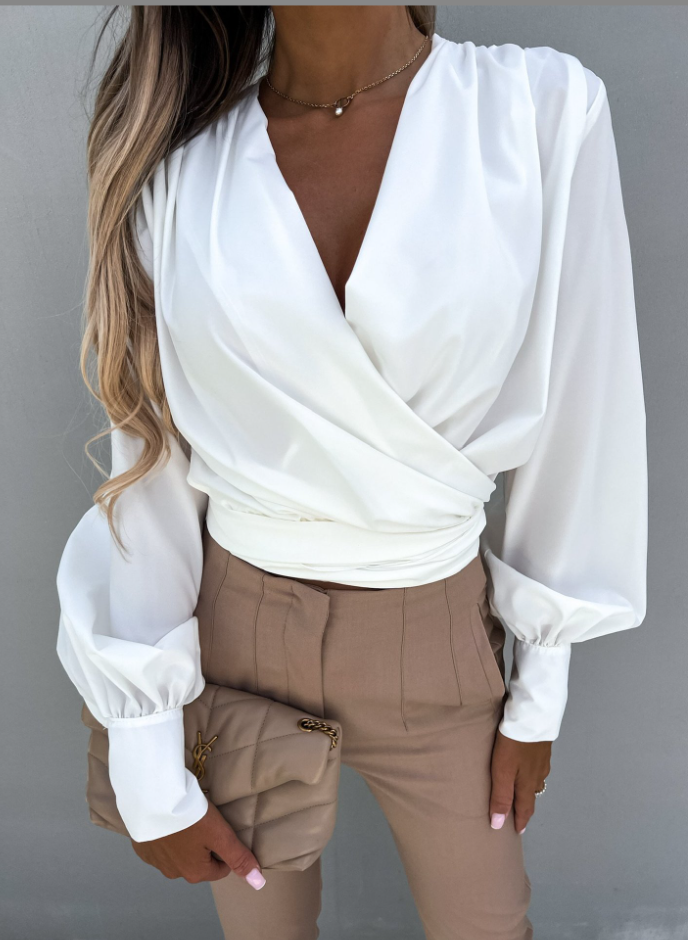 Stilvolle V-Ausschnitt-Bluse mit Puffärmeln - Mireille