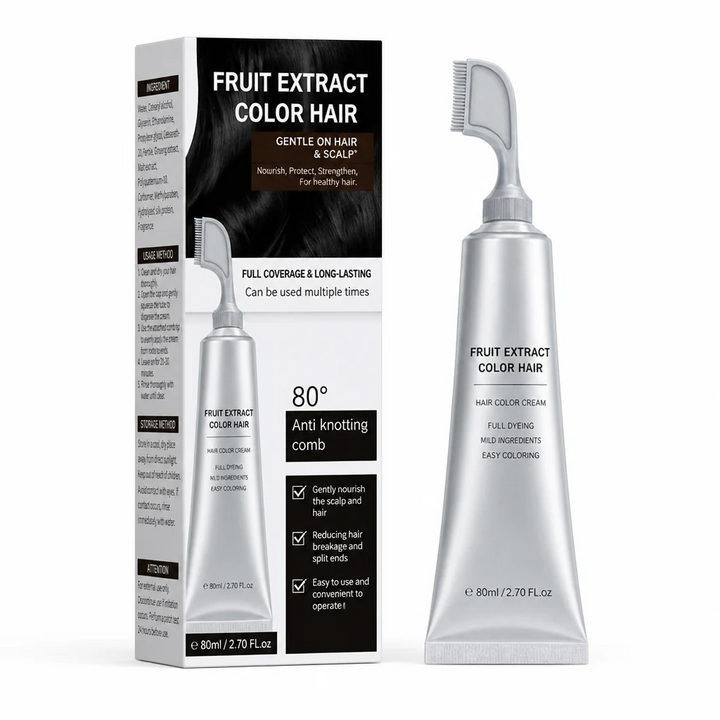 Productfoto op witte achtergrond van de doos met donkere haarafbeelding en de zilverkleurige tube met kam op het dopje. 4
