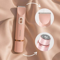 Roze trimmer op beige satijn met twee uitvergrote cirkels: de waterdruppels op de trimkop en de ronde scheerkop. 3