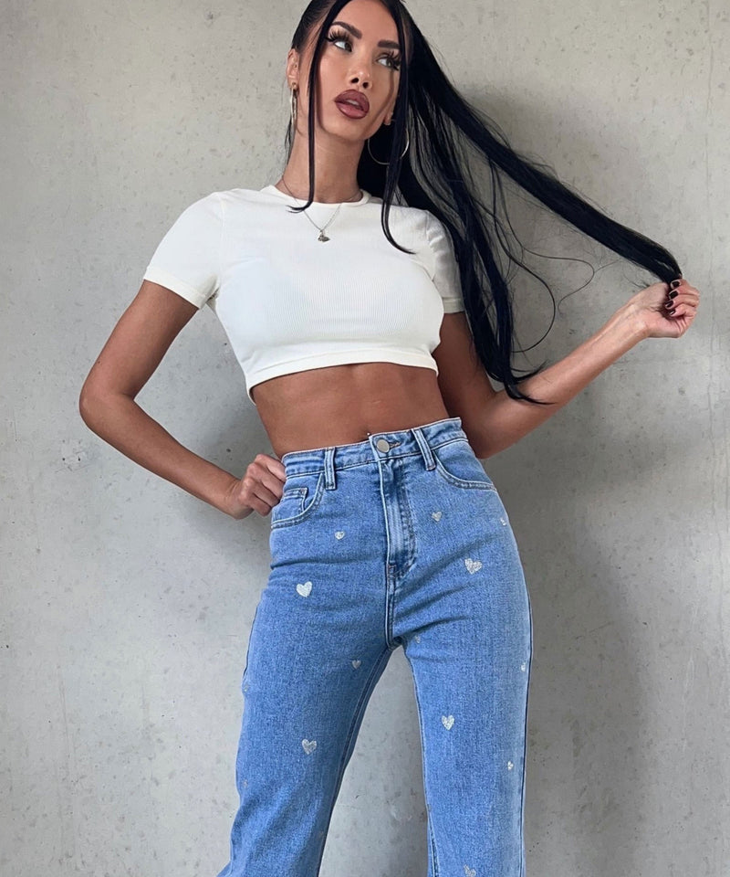 Damen Stretch-Jeans mit weitem Bein und Herzchenmuster - Amelie