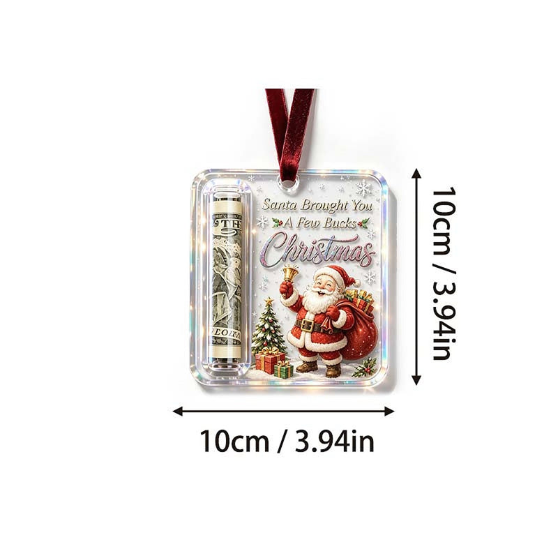 Productfoto met maataanduiding: de vierkante hanger meet 10 bij 10 centimeter, met opgerold biljet en rood fluwelen lint. 12