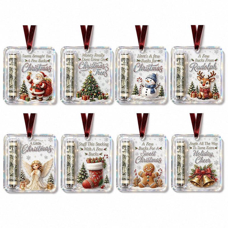 Acht hangers in twee rijen met verschillende kerstafbeeldingen: kerstman, kerstboom, sneeuwpop, rendier, engel, kous, peperkoekmannetje en klokken. 13