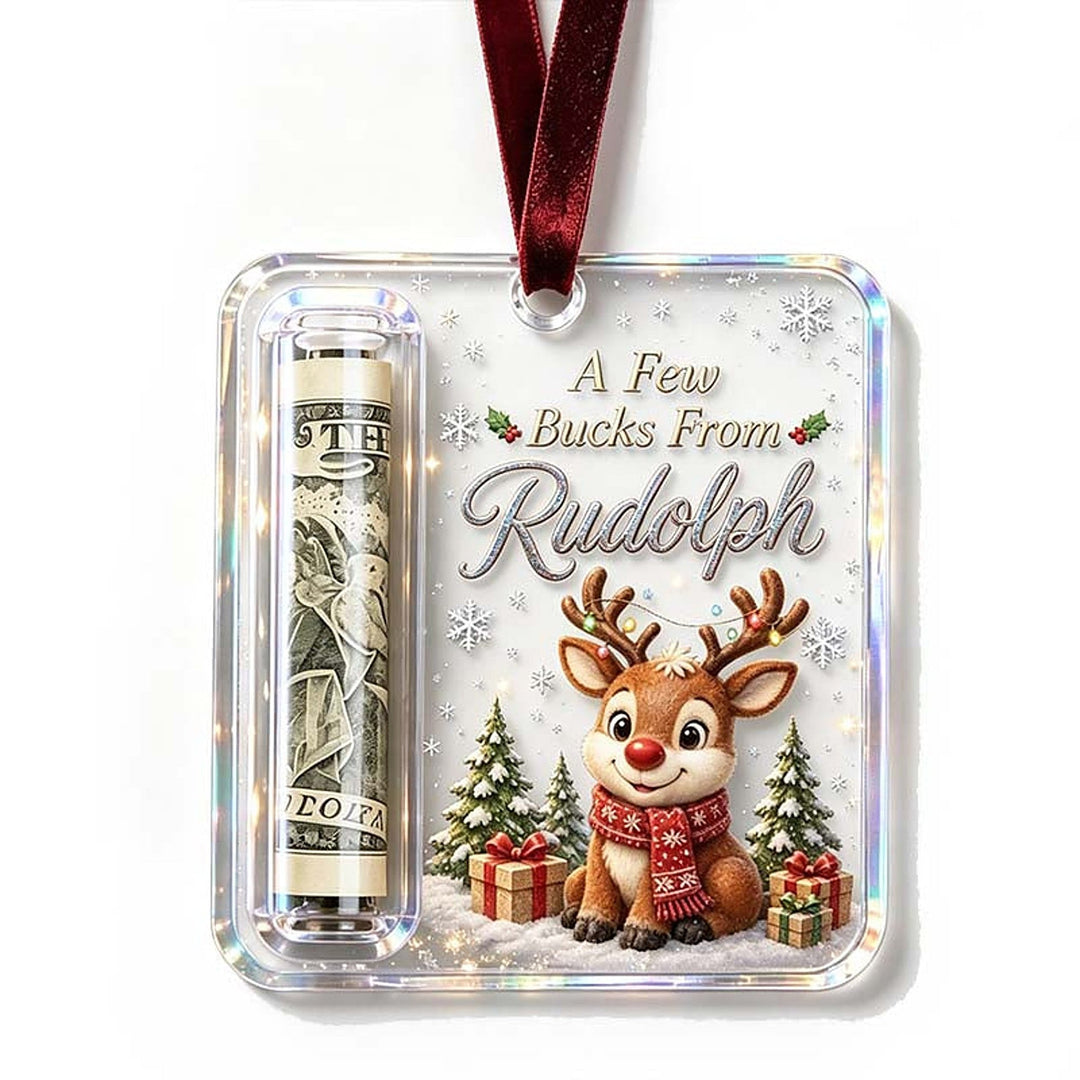 Hanger met schattig rendier met rode neus en sjaal tussen cadeautjes, met opgerold biljet in het buisje. 17
