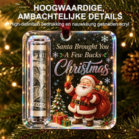 Voorkant van de hanger met kerstman en opgerold biljet voor een kerstboom met lichtjes, met tekst over de afwerking. 8