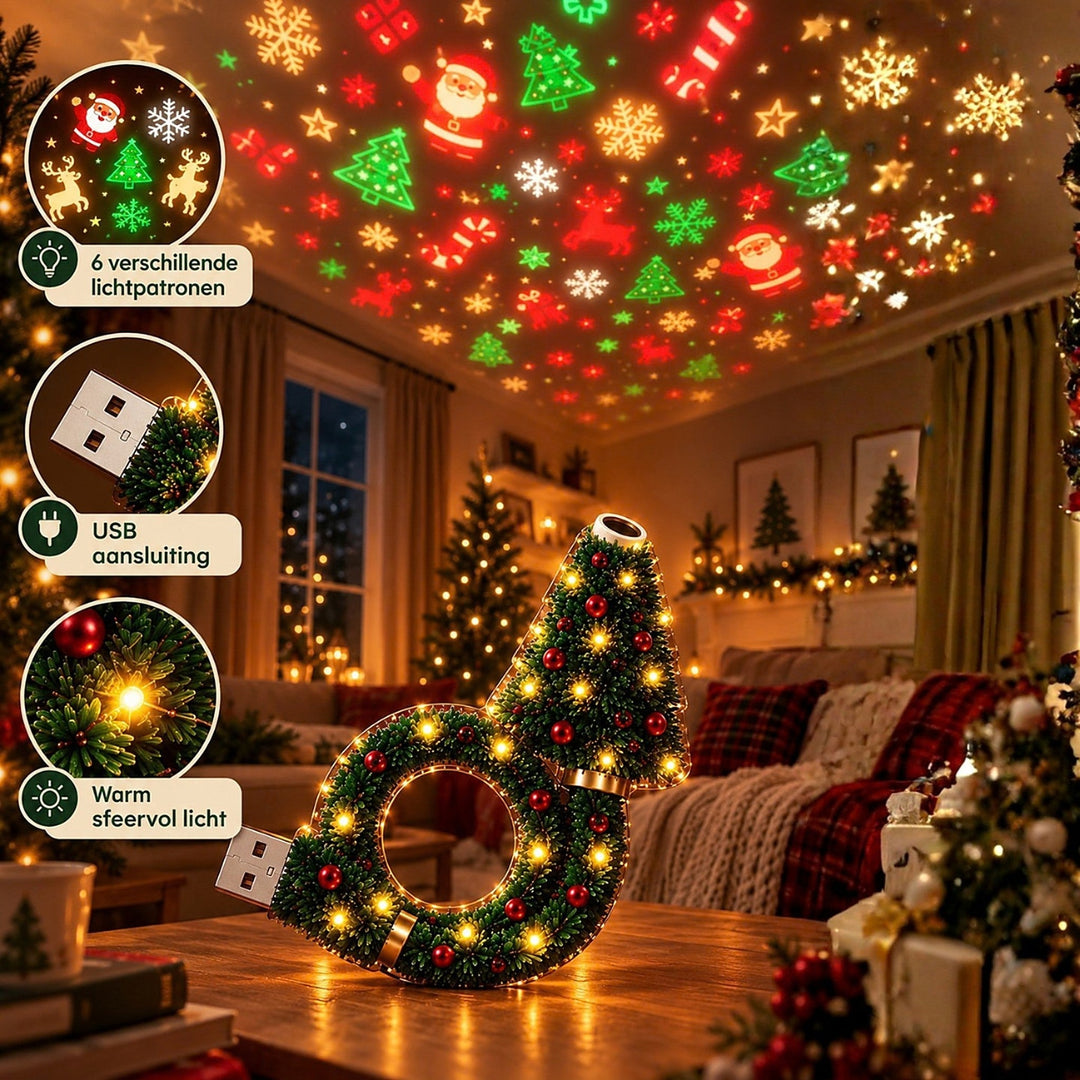 Lamp op een salontafel in een gezellige kerstkamer, met losse sfeerbeelden van de usb-stekker, het warme licht en projectiefiguren op het plafond. 2