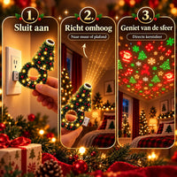 Drie stappen in beeld: lamp in het stopcontact steken, omhoog richten naar muur of plafond en genieten van de kerstprojectie. 3