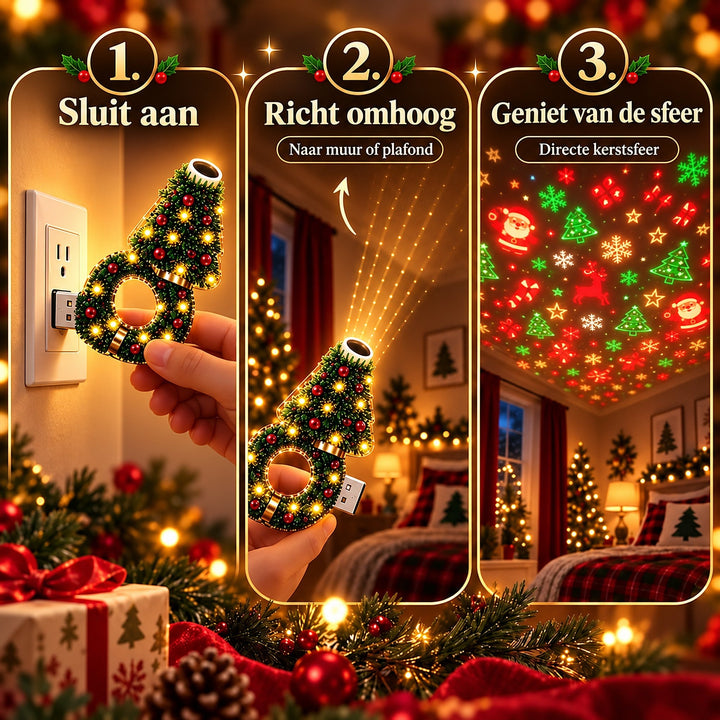 Drie stappen in beeld: lamp in het stopcontact steken, omhoog richten naar muur of plafond en genieten van de kerstprojectie. 3