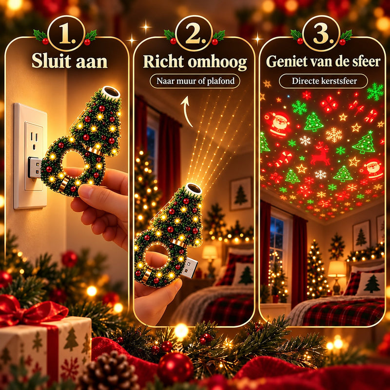 Drie stappen in beeld: lamp in het stopcontact steken, omhoog richten naar muur of plafond en genieten van de kerstprojectie. 3