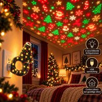 Lamp in een stopcontact aan de muur van een slaapkamer, die kleurrijke kerstfiguren op het plafond projecteert. 4