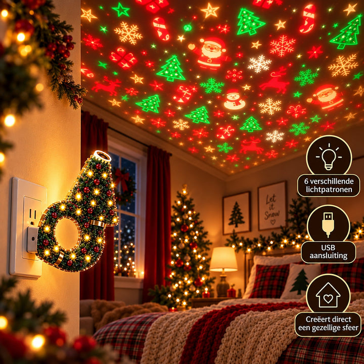Lamp in een stopcontact aan de muur van een slaapkamer, die kleurrijke kerstfiguren op het plafond projecteert. 4