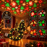 Lamp op een houten tafel met zes voorbeelden van projectiepatronen: kerstman, sneeuwvlokken, rendieren, kerstbomen, bellen en cadeaus. 5