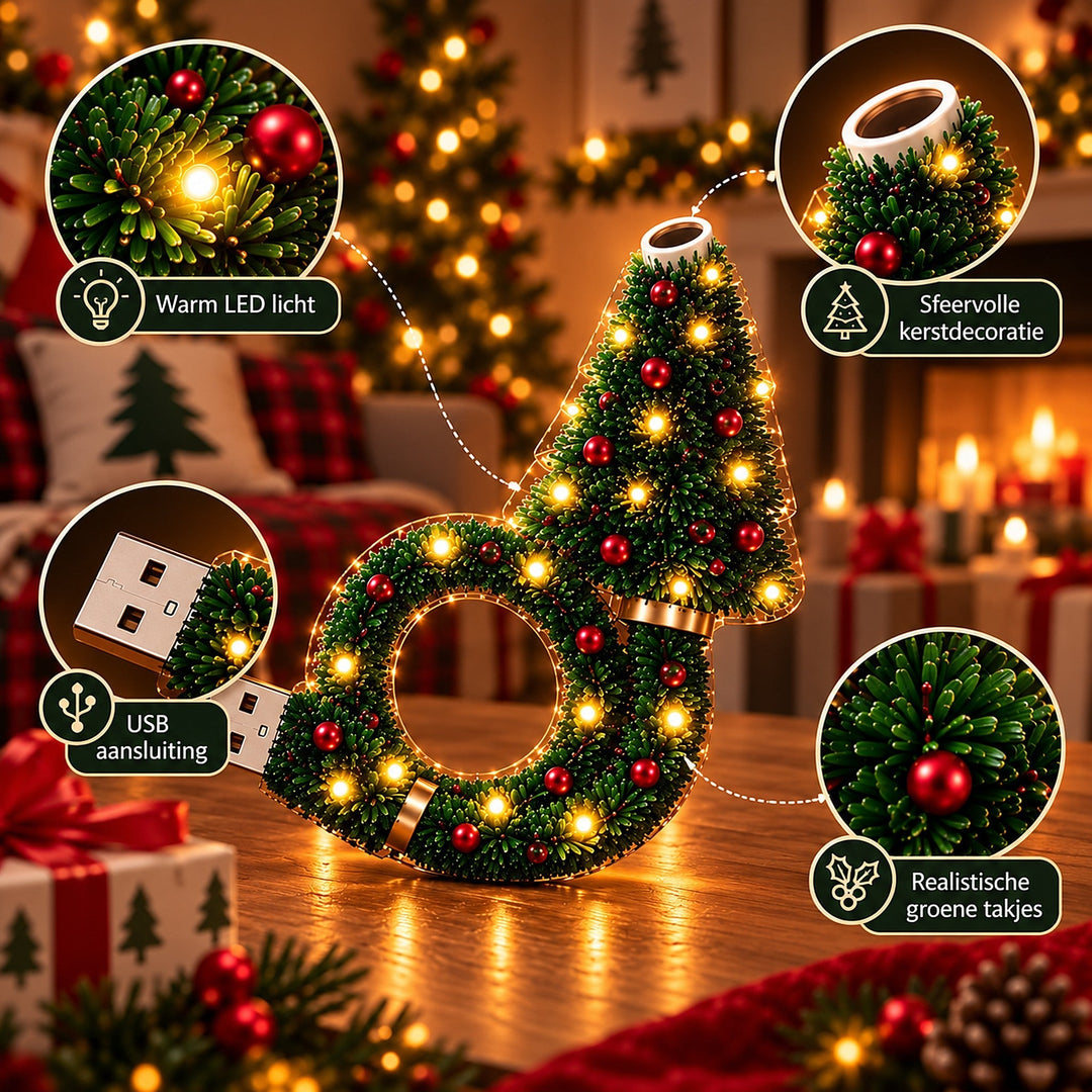 Close-ups van de lamp met warme ledlichtjes, de usb-stekker, de lensopening bovenaan en de kunstdennentakjes met rode kralen. 8