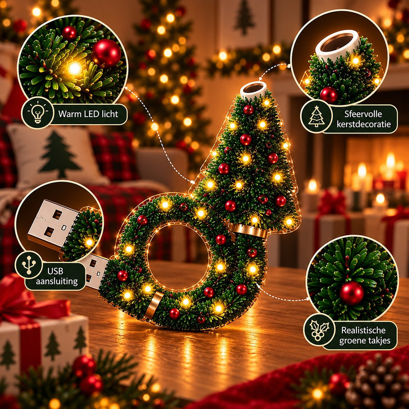 Close-ups van de lamp met warme ledlichtjes, de usb-stekker, de lensopening bovenaan en de kunstdennentakjes met rode kralen. 8