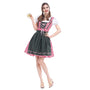 Model draagt een rood-wit geruite dirndl met donkergroene schort en roze veters, vooraanzicht, terwijl ze een glas bier omhooghoudt. 1