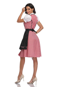 Achterkant van de rood-wit geruite dirndl met zwart schort met roze borduursel, strik in de taille, model kijkt over haar schouder. 2