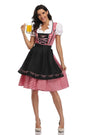 Vooraanzicht van de dirndl met zwart schort met roze hartjesborduursel en rood-wit geruite rok, model houdt een glas bier vast. 9
