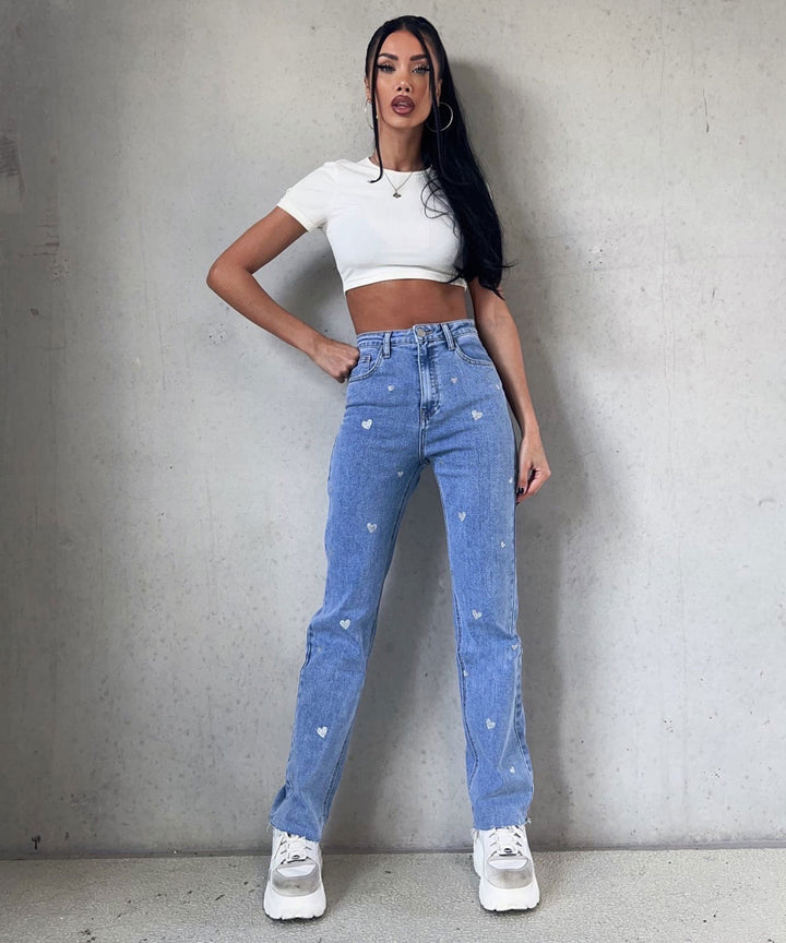 Damen Stretch-Jeans mit weitem Bein und Herzchenmuster - Amelie
