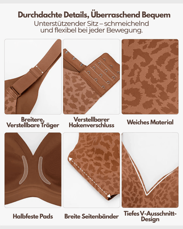 Collage van detailopnames: verstelbare bandjes, haakjessluiting, zachte stof, halfvaste pads, brede zijbanden en diepe V-hals. 4