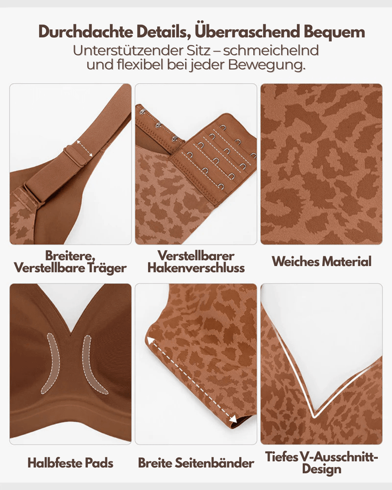 Collage van detailopnames: verstelbare bandjes, haakjessluiting, zachte stof, halfvaste pads, brede zijbanden en diepe V-hals. 4
