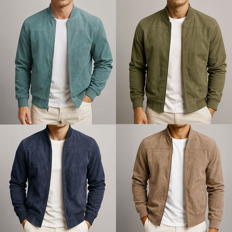 Collage van vier modellen die de jas dragen in grijsgroen, olijfgroen, donkerblauw en zandbruin, ter vergelijking van de kleuren. 8