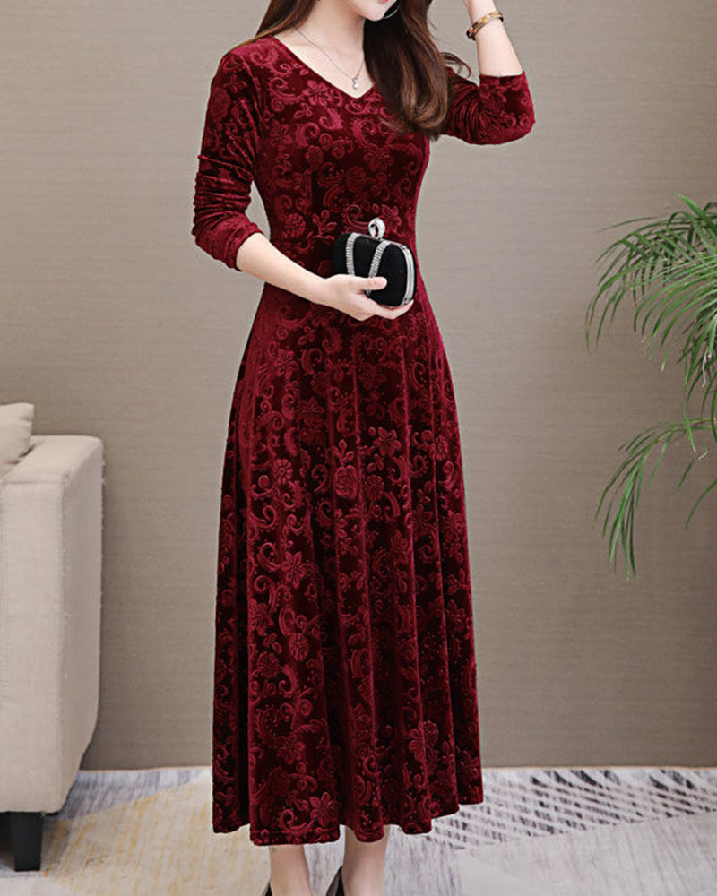 Velvet Midi Dress with Long Sleeves - Selina