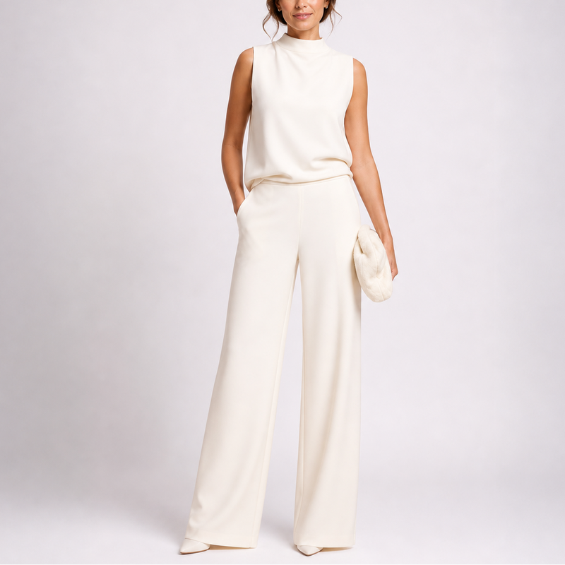 Model draagt de mouwloze jumpsuit in crèmewit, met een hand in de zak en pluchen clutch 2