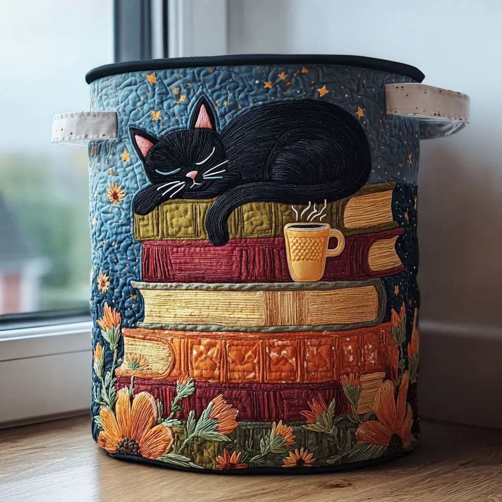 Gewatteerde ronde mand met stoffen handgrepen en een slapende zwarte kat op een stapel boeken met een kop koffie, op een vensterbank. 1