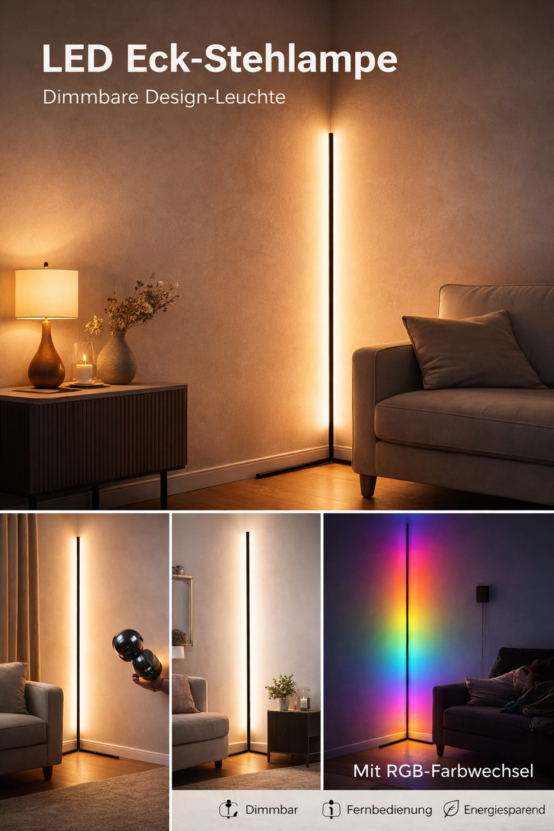 Collage van de hoekvloerlamp in woonkamers met warmwit licht, een hand met afstandsbediening en een kleurrijk regenboogeffect, met pictogrammen onderaan. 12