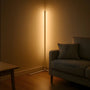 Lichte hoekvloerlamp met warm, indirect licht in een hoek naast een bank met kussen en een houten tafel op de voorgrond. 7