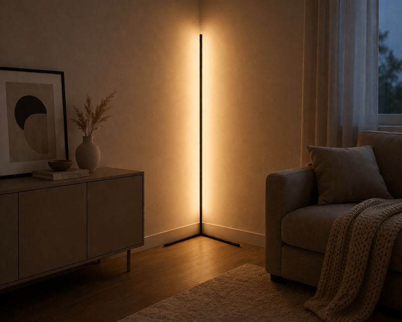 Zwarte hoekvloerlamp met zacht warmwit licht in een schemerige woonkamer, naast een dressoir met schilderij en een bank met plaid. 5