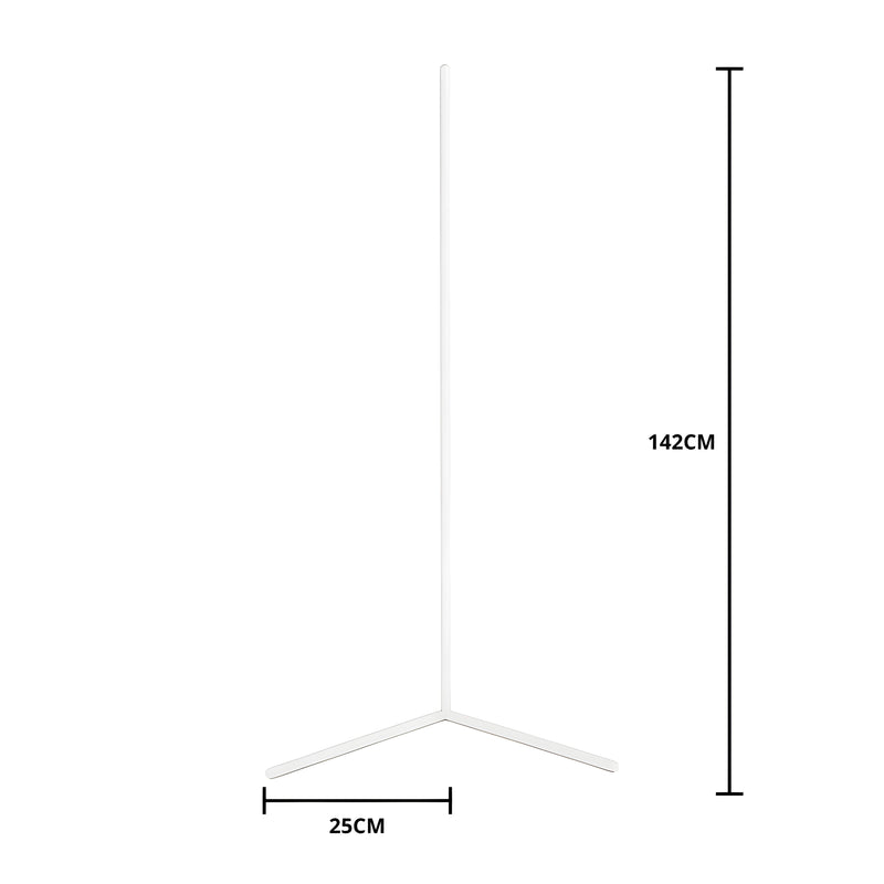 Witte hoekvloerlamp op witte achtergrond met maatlijnen die de hoogte en de lengte van een voet aangeven. 10