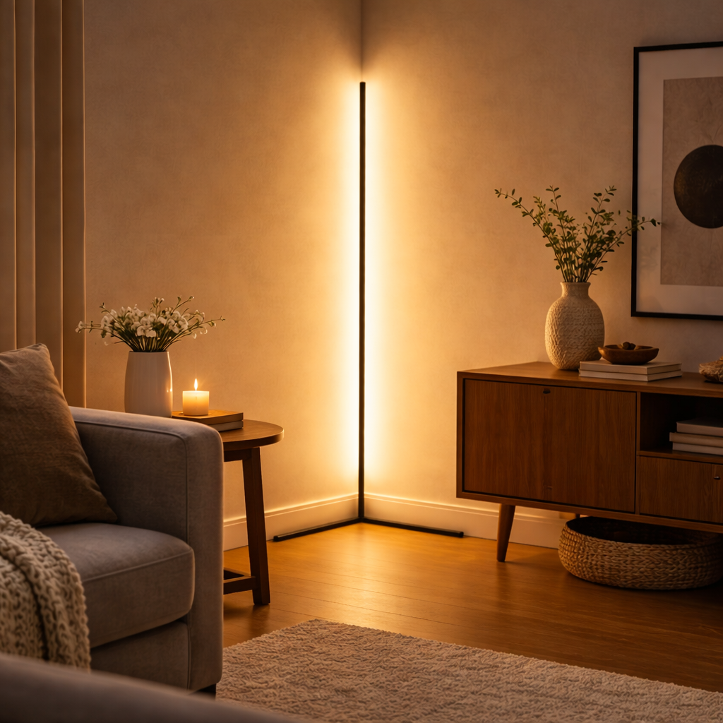 Hoekvloerlamp in de hoek van een woonkamer met een warme, indirecte gloed, naast een bank, bijzettafel met kaars en dressoir. 2