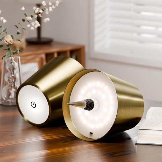 Twee gouden lampen op hun kant op een houten tafel: de ene toont de aanraakknop, de andere de ledlampjes en kurkpin. 9